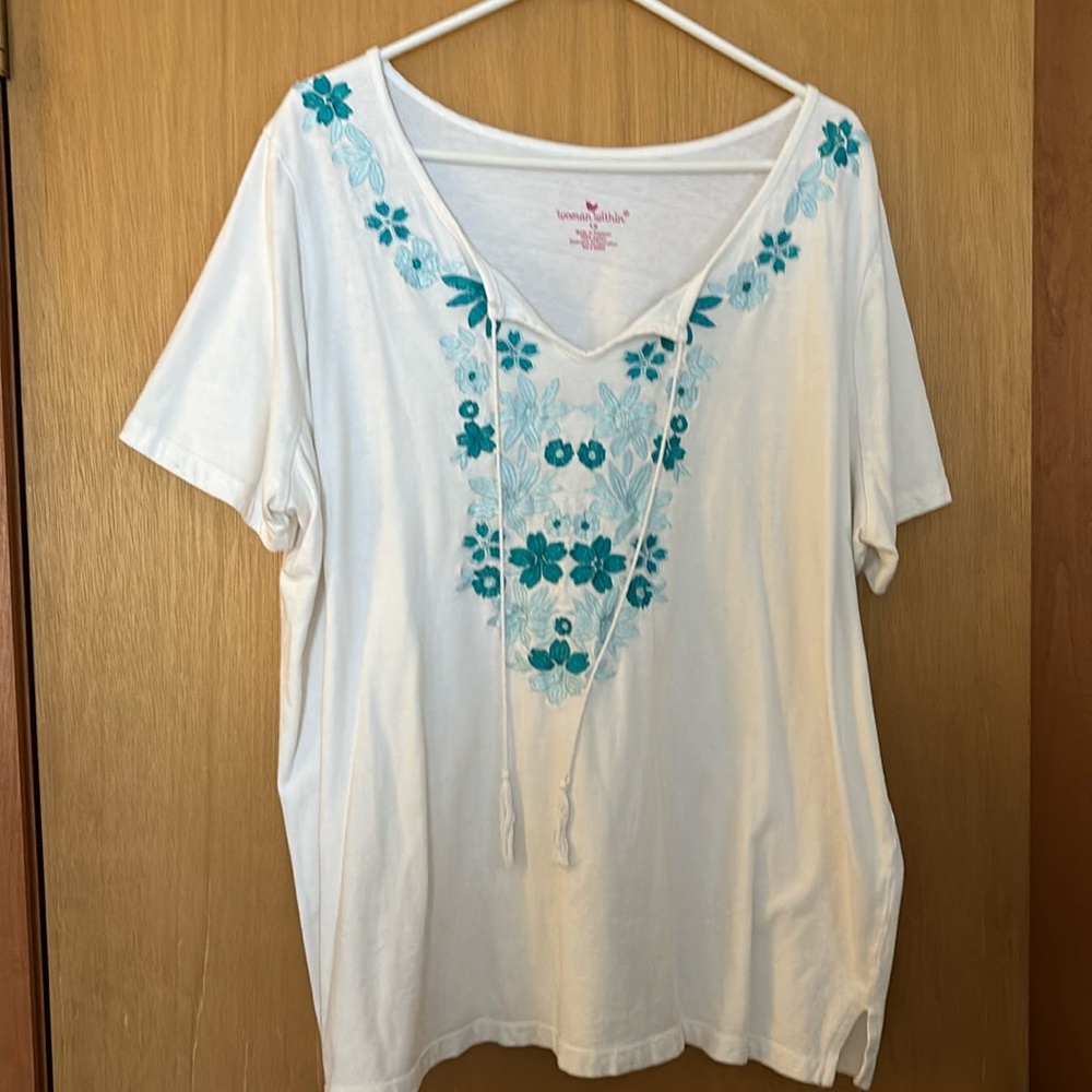 Woman Within Womens sz 1X Cotton blue flower white short sleeve shirt